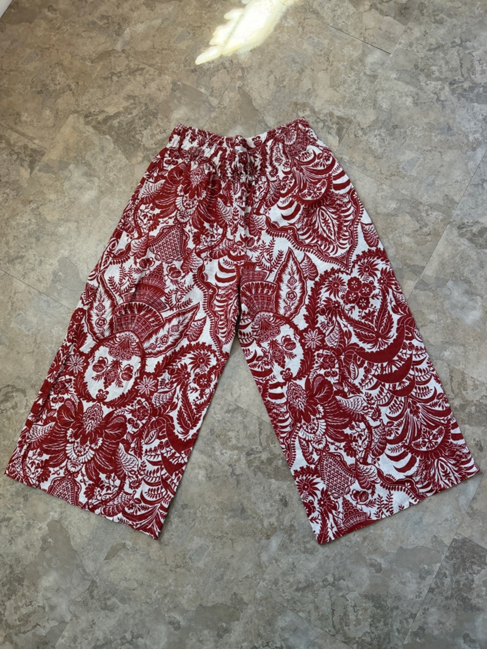 Anthropologie Copper and Cream Cropped Linen Paisley Print Wide-Leg Pants MP